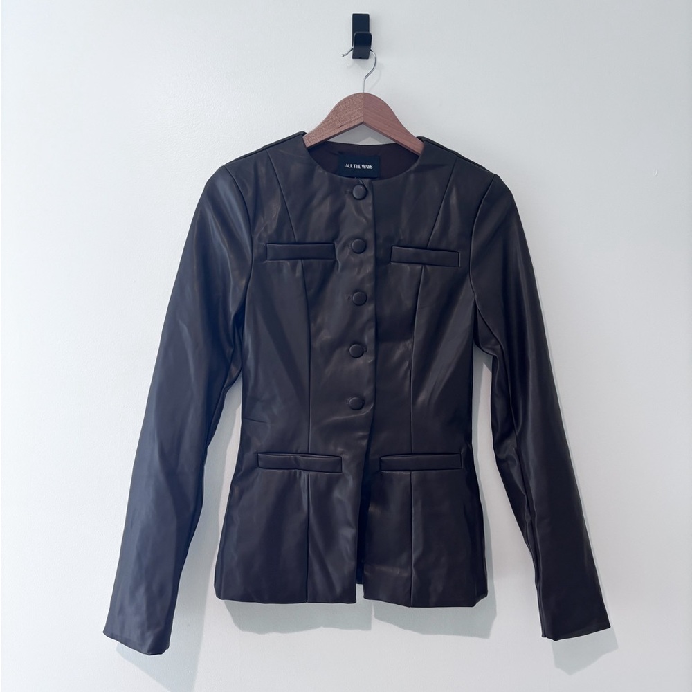 All The Ways Revolve Vandellia Chocolate Brown Faux Leather Button Blazer Jacket - Picture 5 of 10